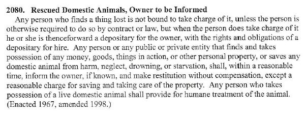 CA civil code re found animals